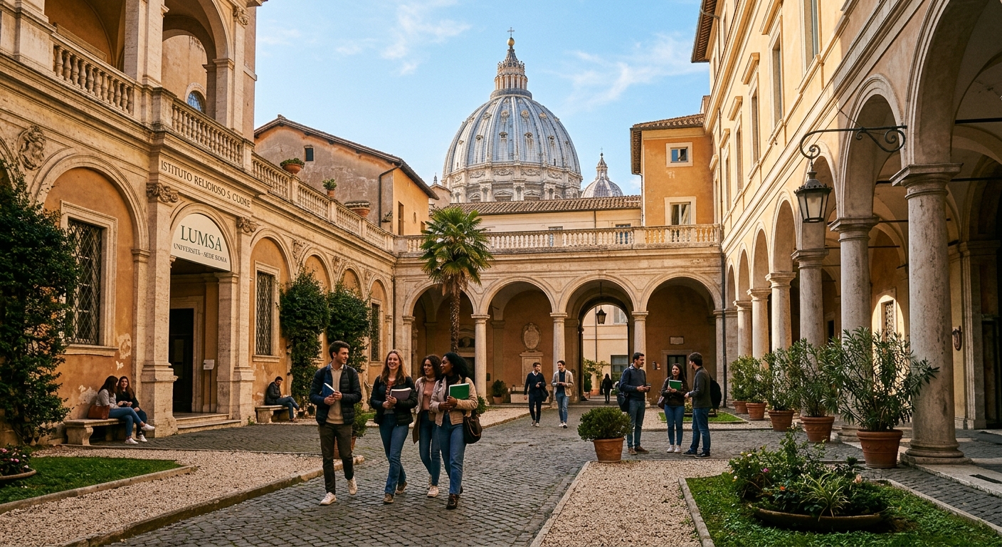 Historic LUMSA University campus building near St. Peter's Square in Rome, Italy, with students walking through a sunlit courtyard surrounded by classical Italian architecture
