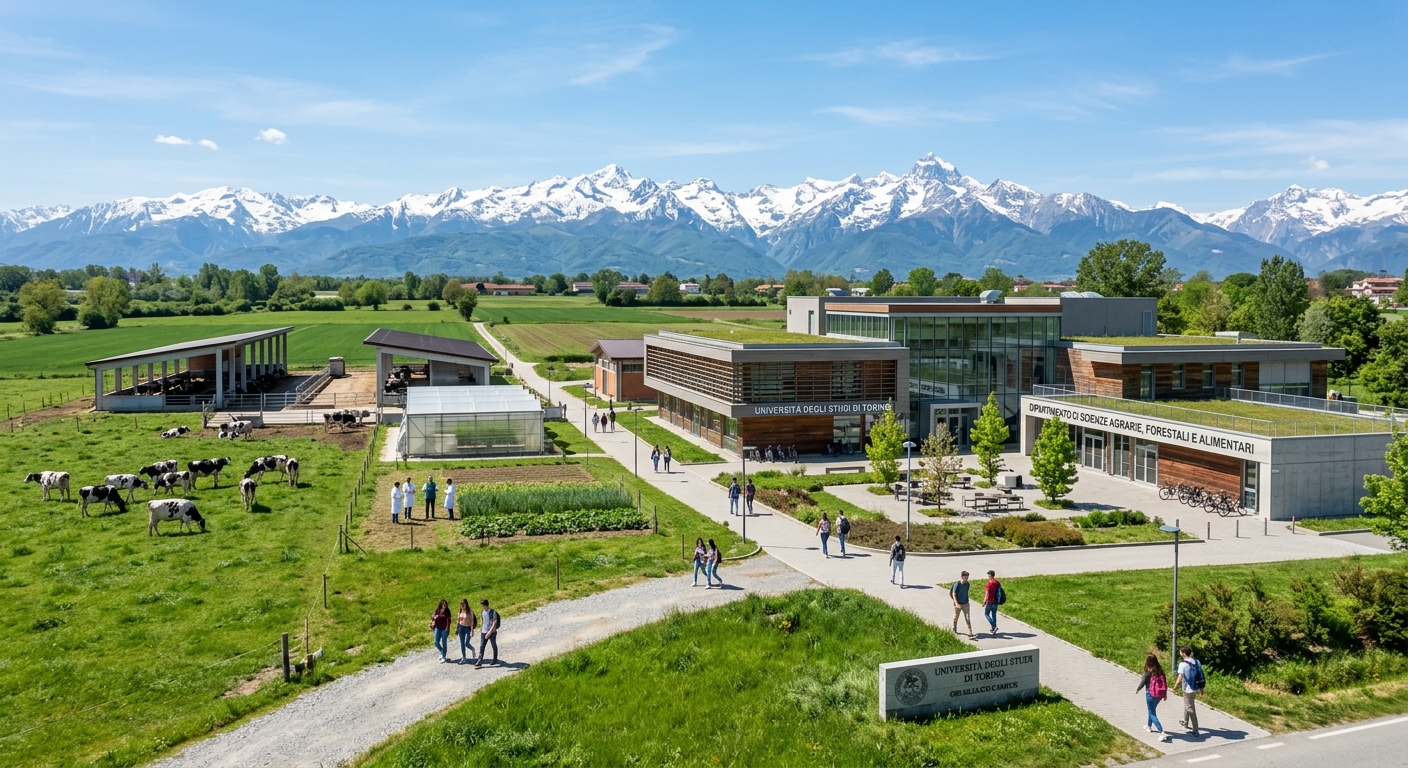 Modern agricultural sciences campus at the University of Turin in Grugliasco, with green pastures, livestock research facilities, and students walking between academic buildings under a clear Italian sky with the Alps visible in the background