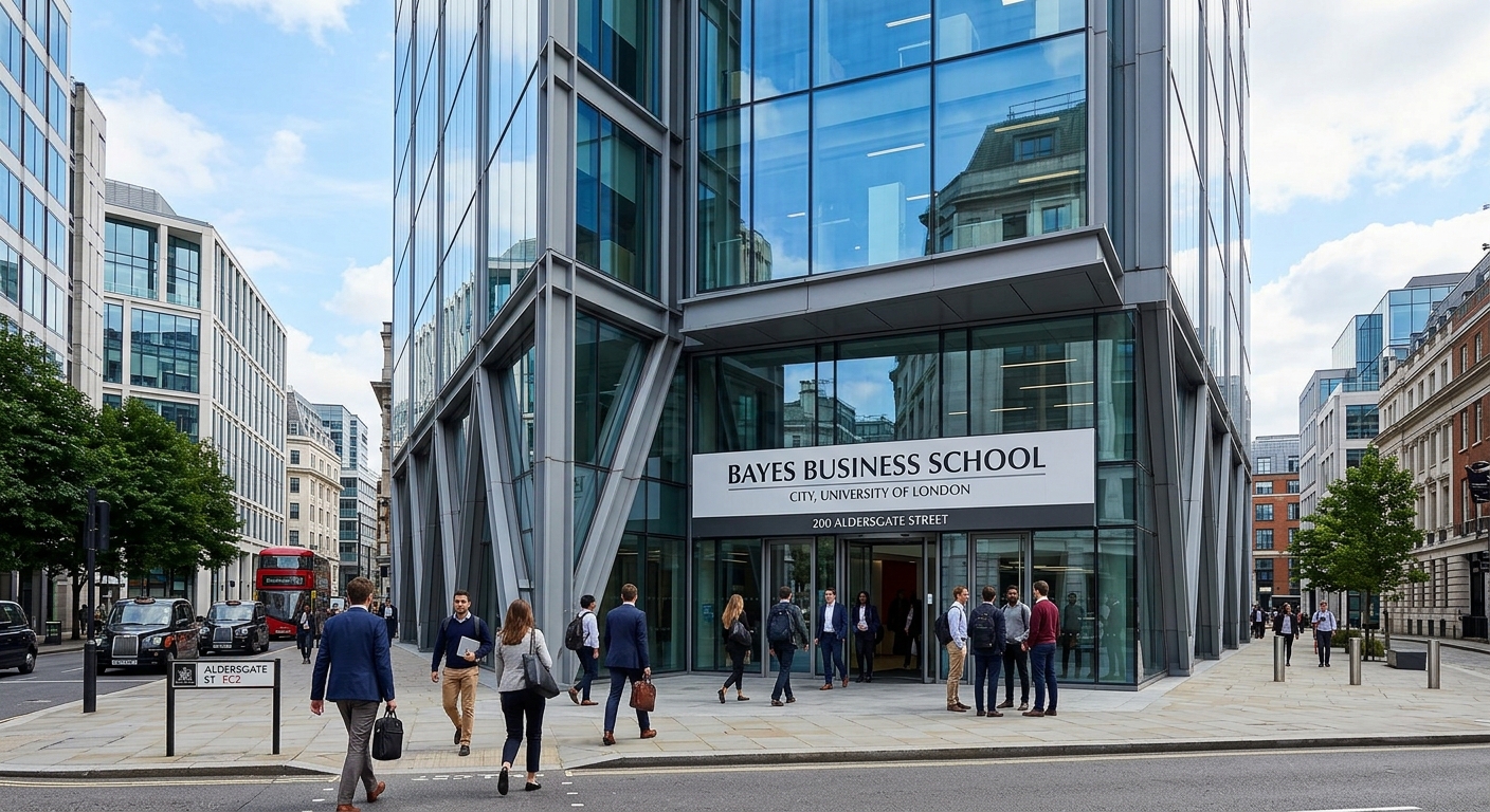 Bayes Business School building at 200 Aldersgate Street Moorgate London, modern glass and steel architecture, City of London financial district backdrop, professional students entering building