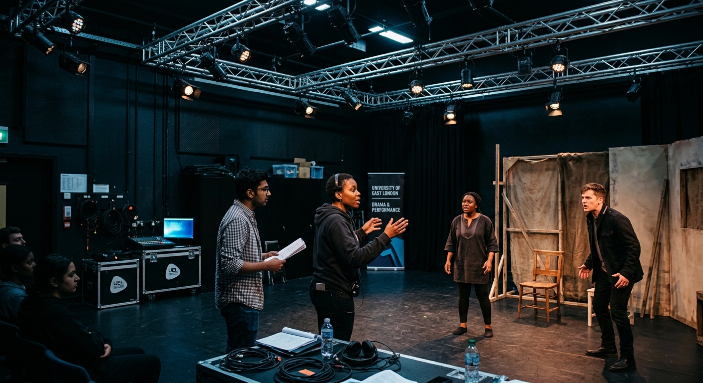 Modern theatre rehearsal space at University of East London, students directing a stage performance under dramatic lighting, Black Box studio with professional theatre equipment, East London campus setting