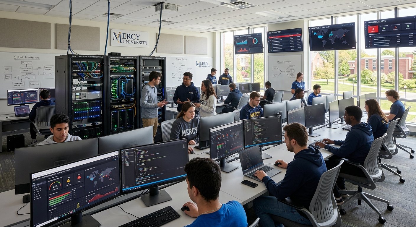 Modern cybersecurity lab at Mercy University with students working on computer terminals, network equipment and server racks visible, large monitors displaying security dashboards and code, natural light from windows illuminating the room