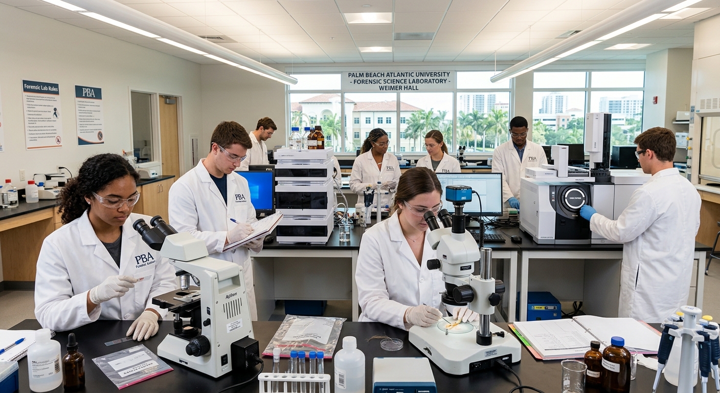 Modern forensic science laboratory at Palm Beach Atlantic University with students in lab coats analyzing evidence samples using microscopes and analytical instruments, bright fluorescent lighting, West Palm Beach Florida campus setting