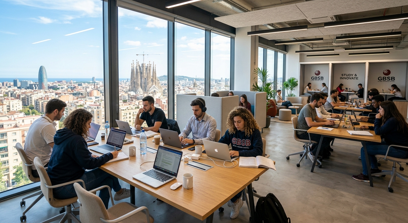 GBSB Global campus co-working space, open plan study area with modern furniture, students working on laptops, large windows with Barcelona city views