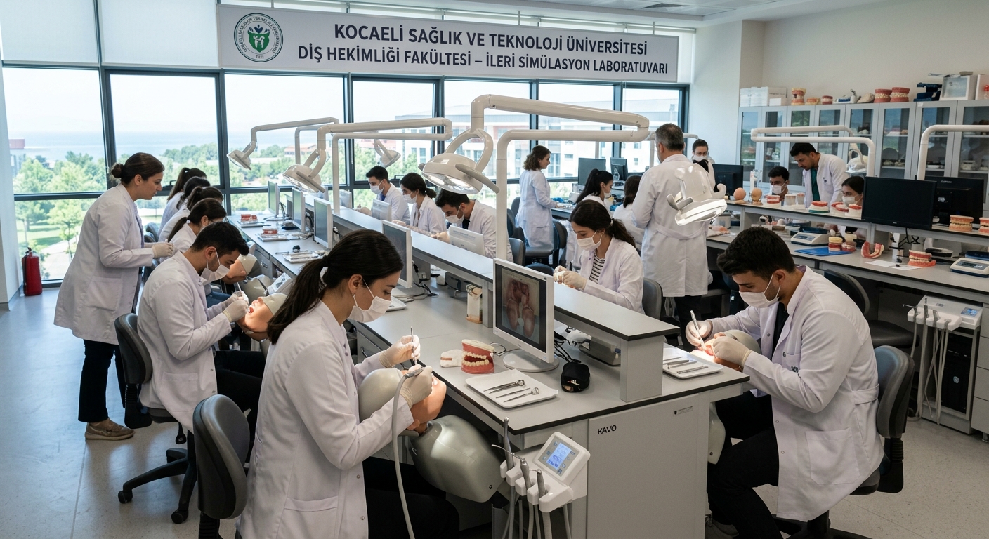 Advanced dental laboratory at Kocaeli Health and Technology University, simulation units, dental mannequins, students in white coats practicing
