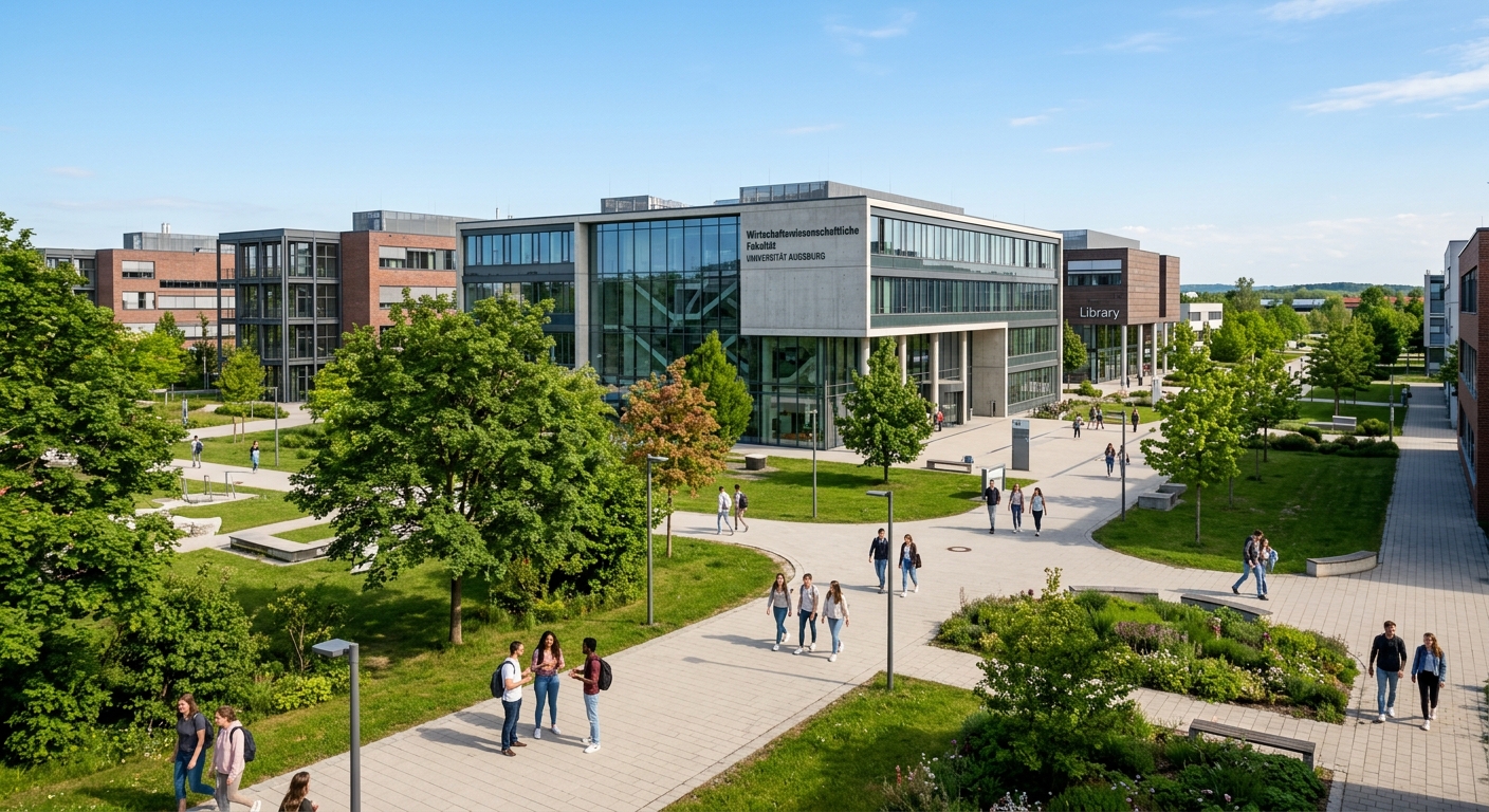 Modern University of Augsburg campus in Bavaria, Germany, with contemporary academic buildings surrounded by green landscaped grounds, students walking along pathways, clear blue sky