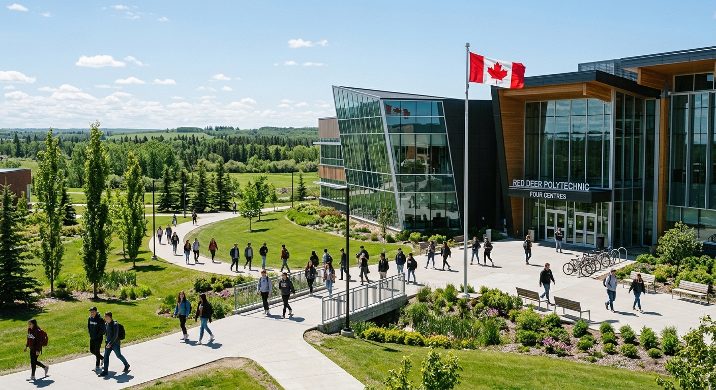 Modern Red Deer Polytechnic campus building with students walking along pathways, green Alberta landscape, contemporary architecture with glass facades, Canadian flag visible, sunny day in Red Deer Alberta