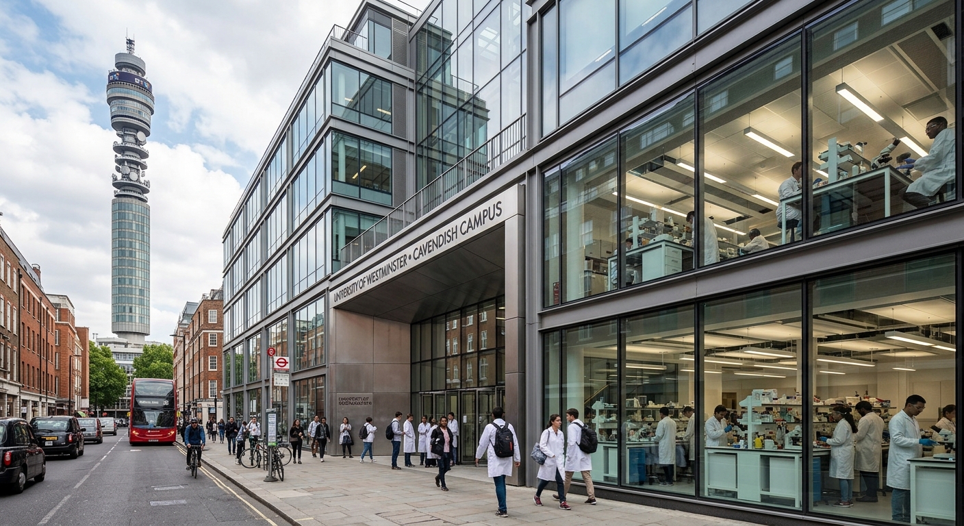 University of Westminster Cavendish campus, modern glass and steel building on New Cavendish Street near BT Tower, contemporary architecture, students in science labs