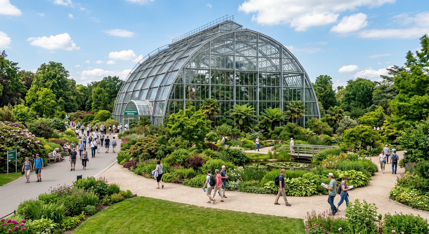 Berlin Botanical Garden and Botanical Museum, large tropical greenhouse surrounded by lush gardens, pathways with visitors, sunny day