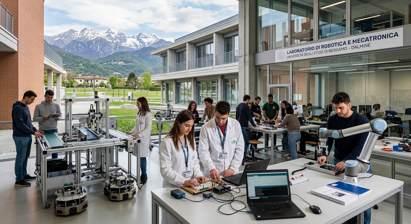 Modern engineering campus at Dalmine near Bergamo, Italy, featuring robotics and mechatronics laboratory with students working on smart sensors, automated systems, and collaborative robots, with the Lombardy Alps visible in the background
