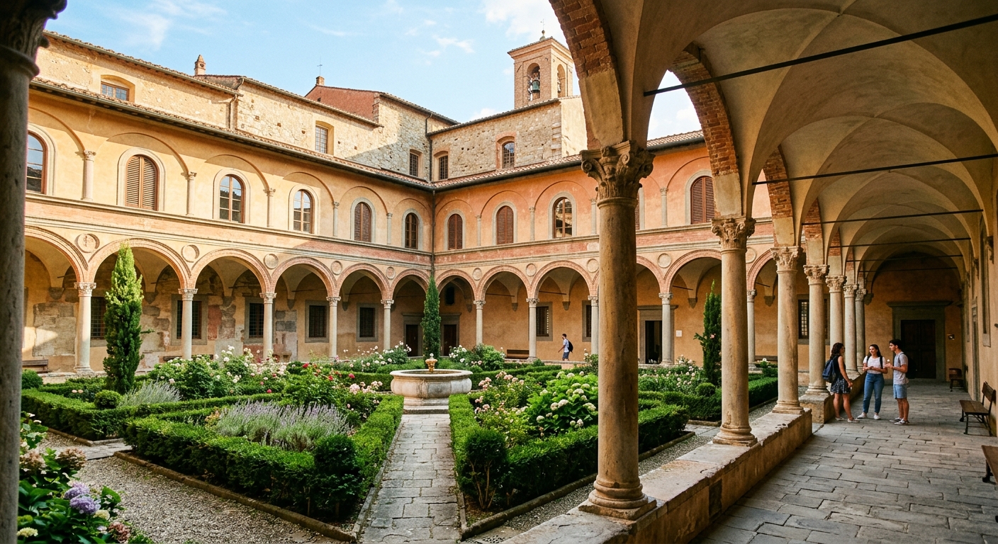 Sant'Anna School historic cloistered courtyard with Renaissance arches, stone columns, manicured garden, warm Italian sunlight filtering through ancient architecture