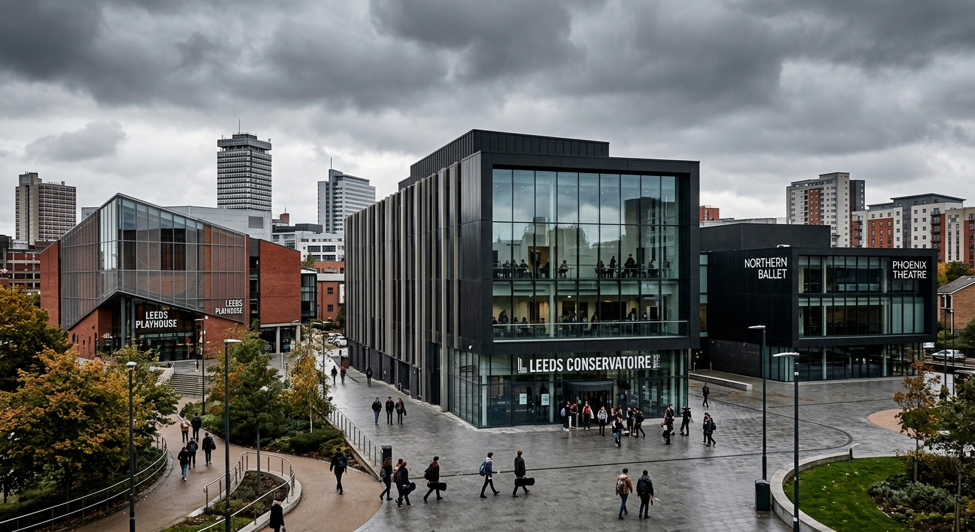 Leeds Conservatoire modern purpose-built campus on Quarry Hill, Leeds cultural quarter, contemporary architecture with glass facades, surrounded by Leeds Playhouse and Northern Ballet buildings, overcast English sky