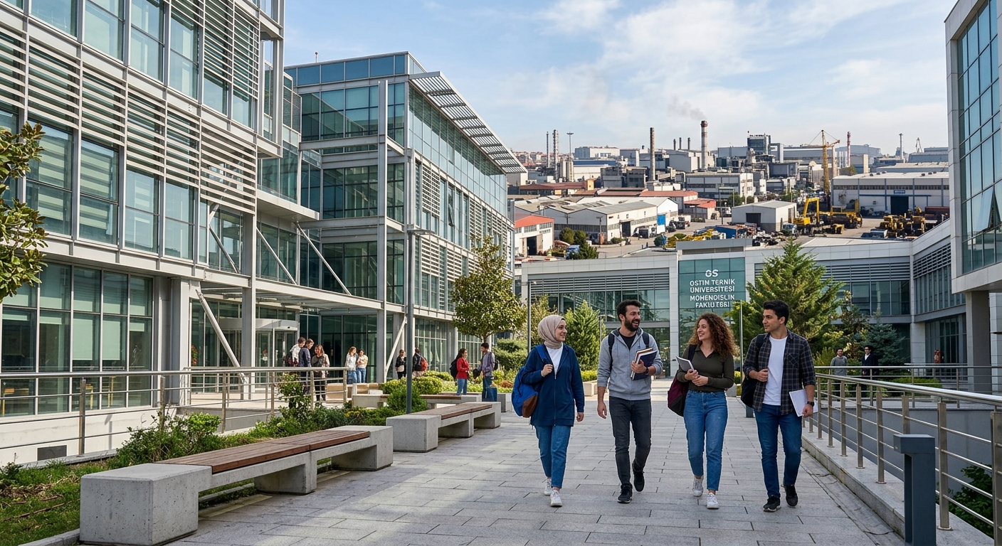 Modern university campus building in Ankara Turkey with industrial zone backdrop, engineering students walking through a sunlit courtyard with contemporary glass and steel architecture, OSTIM industrial district visible in the background