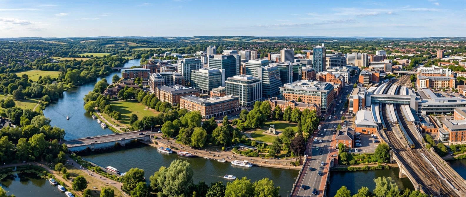 Panoramic view of Reading town centre, River Thames, modern commercial buildings, green parks, railway station, vibrant UK town, Thames Valley landscape
