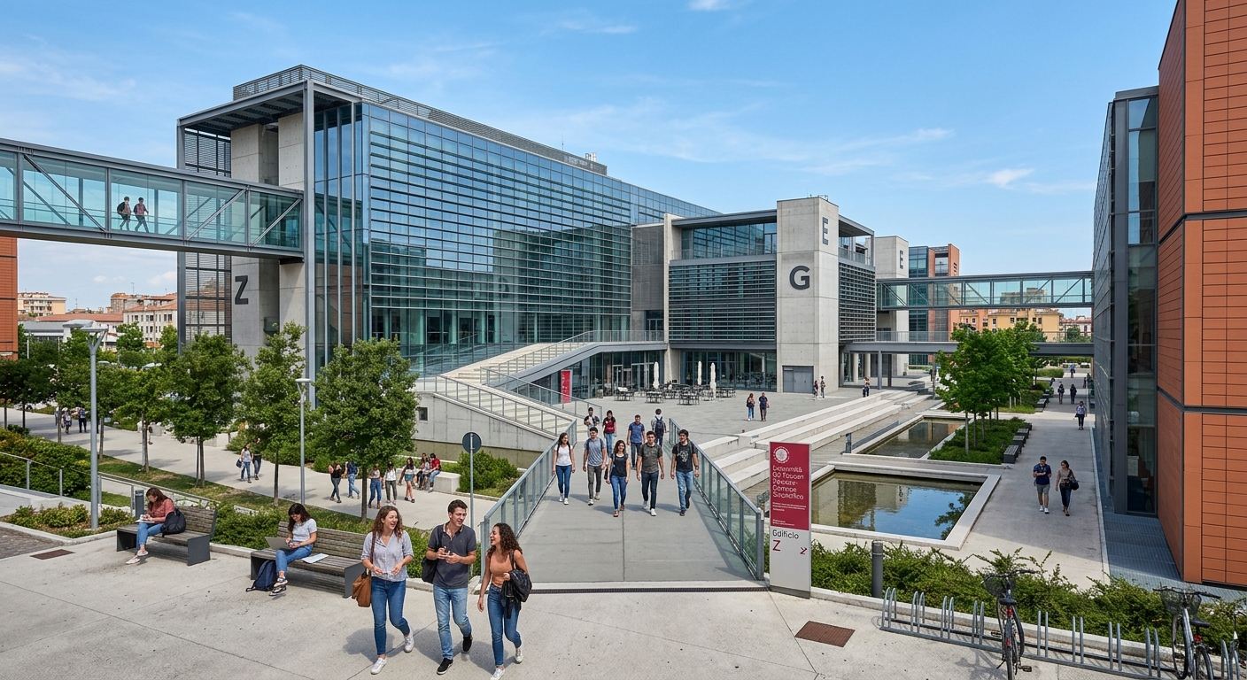 Modern Scientific Campus of Ca' Foscari University in Mestre near Venice, contemporary architecture with glass facades, students walking between buildings, Italian university setting with clear blue sky