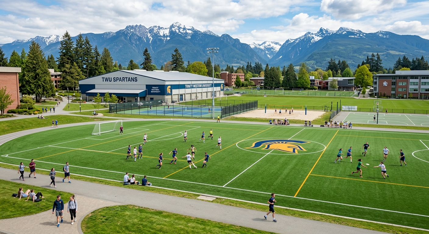Trinity Western University sports fields and recreation facilities, green playing fields with students engaged in outdoor activities, mountains visible in background