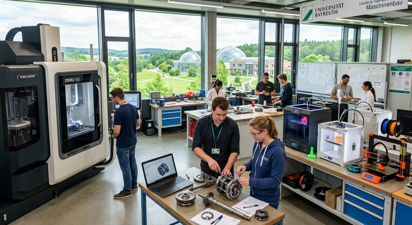 Modern engineering laboratory at University of Bayreuth with students working on mechanical components, CNC machines and 3D printers visible, large windows overlooking the green Bavarian campus