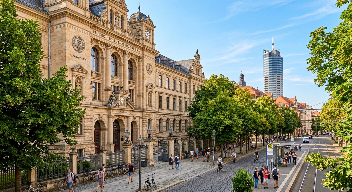 Friedrich Schiller University Jena main building with classical facade along Fürstengraben street, historic university campus in Jena Germany, green trees lining the walkway, JenTower visible in background, warm daylight