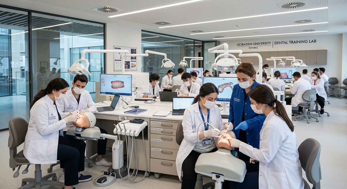 Modern dental clinic training laboratory at Acibadem University Istanbul, students in white coats practicing on dental simulation units, bright clinical lighting, contemporary healthcare education environment