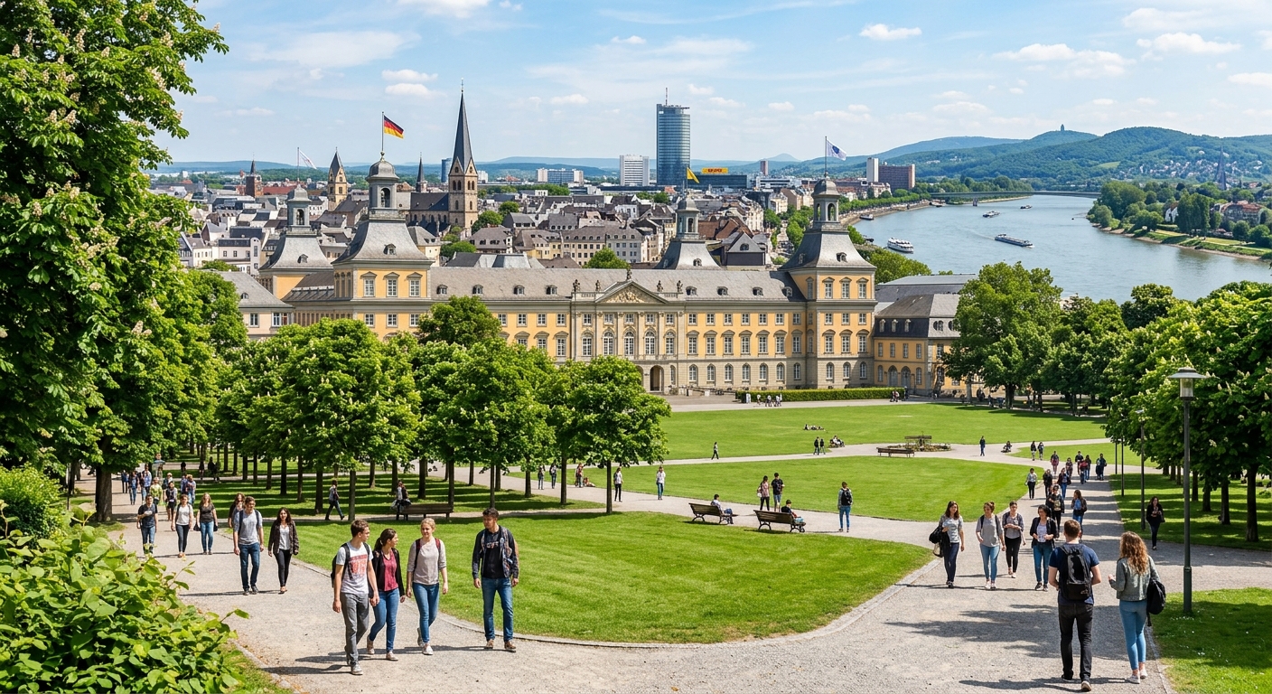 University of Bonn historic main building with neoclassical architecture, green campus grounds, students walking along tree-lined pathways, Bonn city skyline and Rhine River visible in background, sunny day