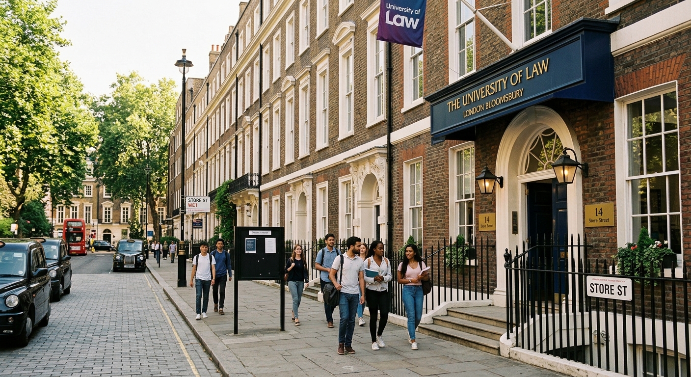 University of Law London Bloomsbury campus exterior, Georgian townhouse building on a tree-lined London street, students walking near the entrance, warm daylight, classic British architecture