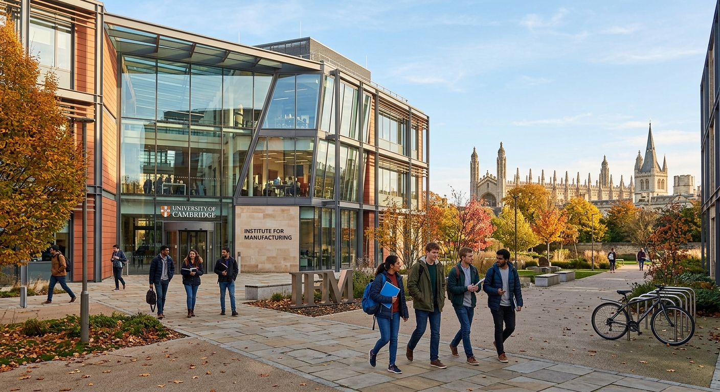 University of Cambridge Institute for Manufacturing building exterior with modern glass facade, engineering students walking across courtyard, historic Cambridge spires visible in background, autumn sunlight