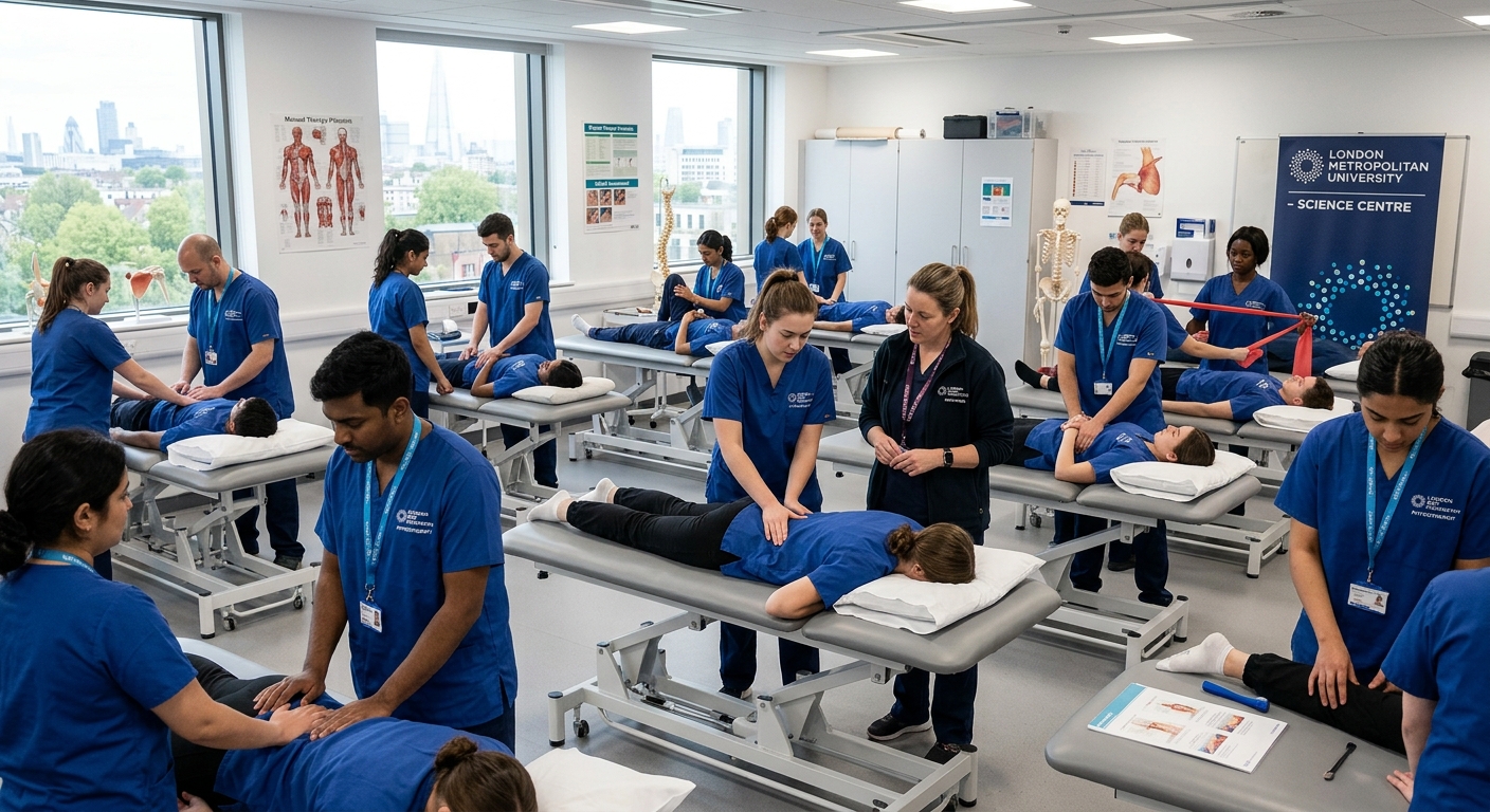 Modern physiotherapy teaching laboratory at London Metropolitan University Science Centre, students practicing manual therapy techniques on treatment beds, clinical simulation equipment visible, bright professional healthcare training environment
