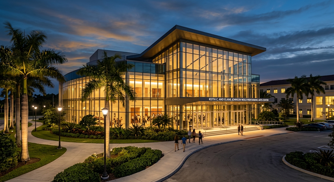 Keith C. and Elaine Johnson Wold Performing Arts Center at Lynn University, modern theater building with glass facade, evening lighting, palm trees