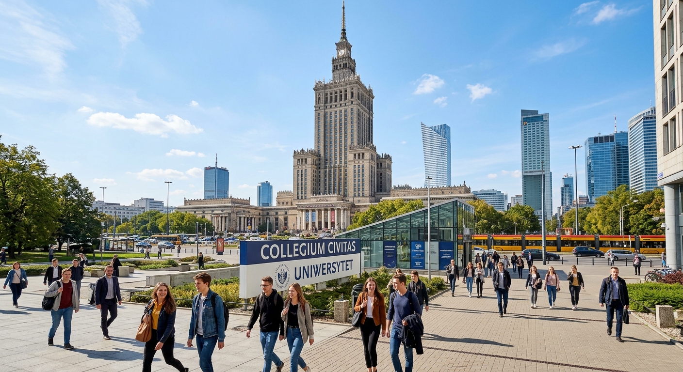 Exterior view of the iconic Palace of Culture and Science in Warsaw, Poland, with Civitas University signage, students walking on a sunny day, modern European cityscape in the background