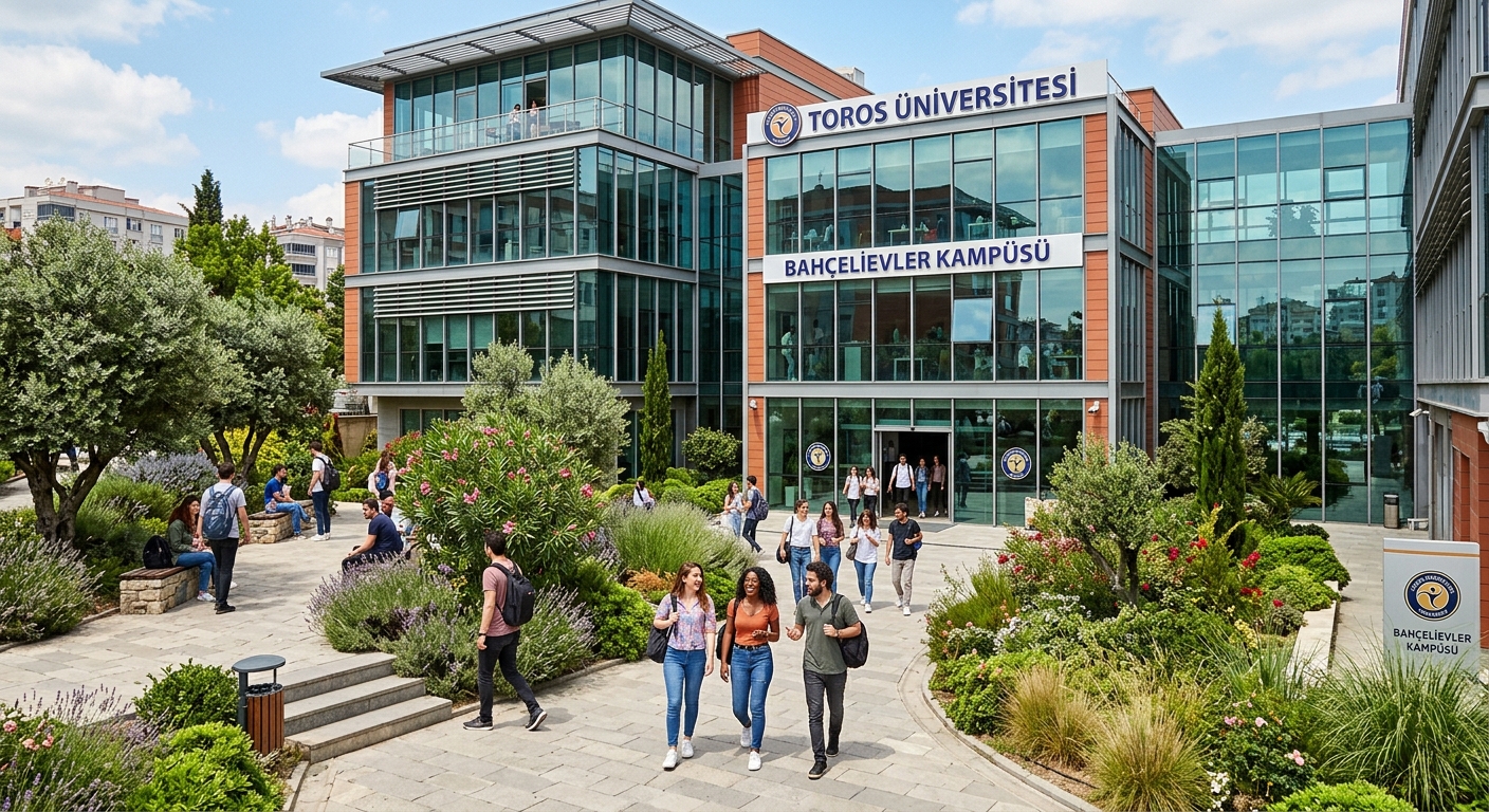 Toros University Bahçelievler main campus building, modern architecture with glass facades, landscaped courtyard with students walking, Mediterranean vegetation