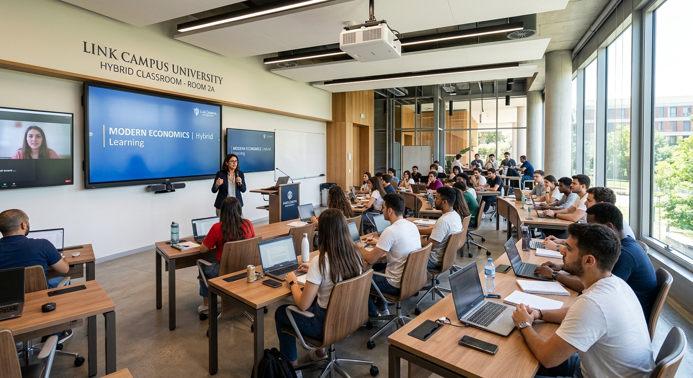 Modern hybrid classroom at Link Campus University with students at desks, digital screens and projectors, bright natural light from large windows, contemporary interior design
