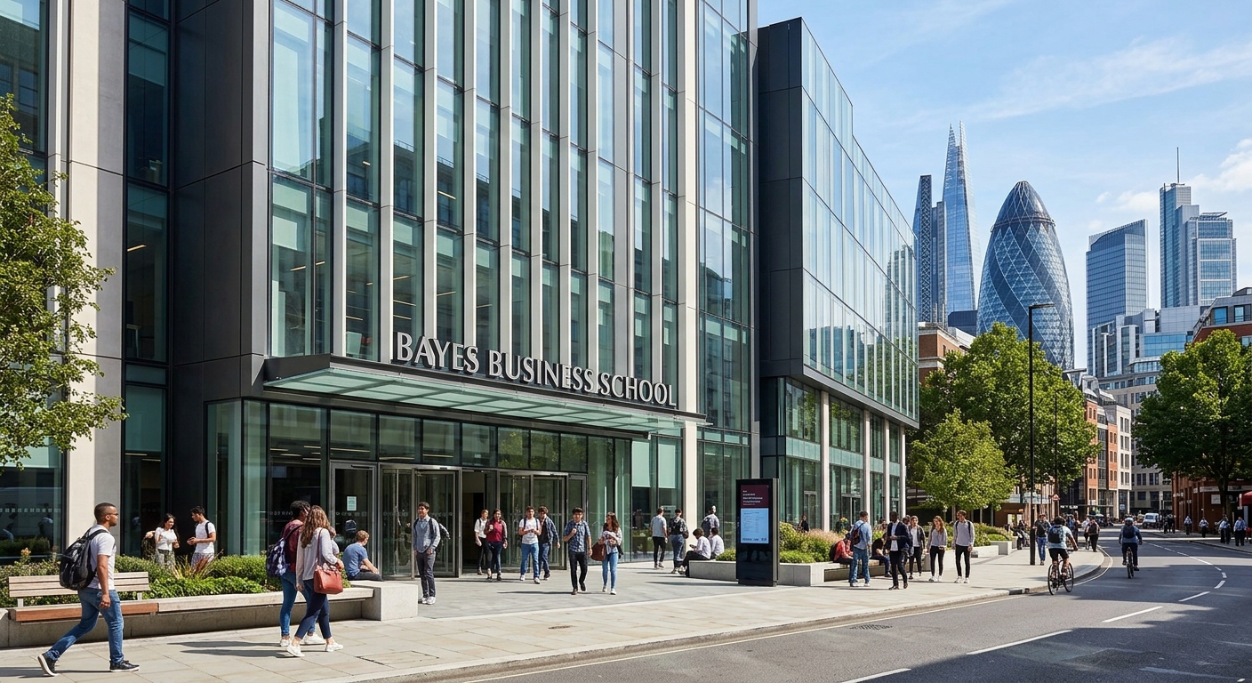 Modern Bayes Business School building exterior in London with glass facade, students walking near the entrance on a sunny day, City of London skyline visible in the background