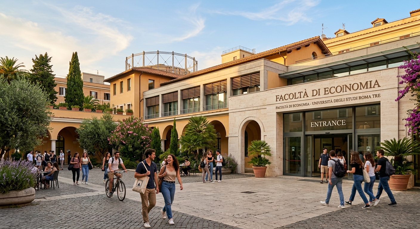 Modern university campus building in Rome's Ostiense district, students walking through a sunlit courtyard with Mediterranean architecture, economics department entrance visible, warm Italian light
