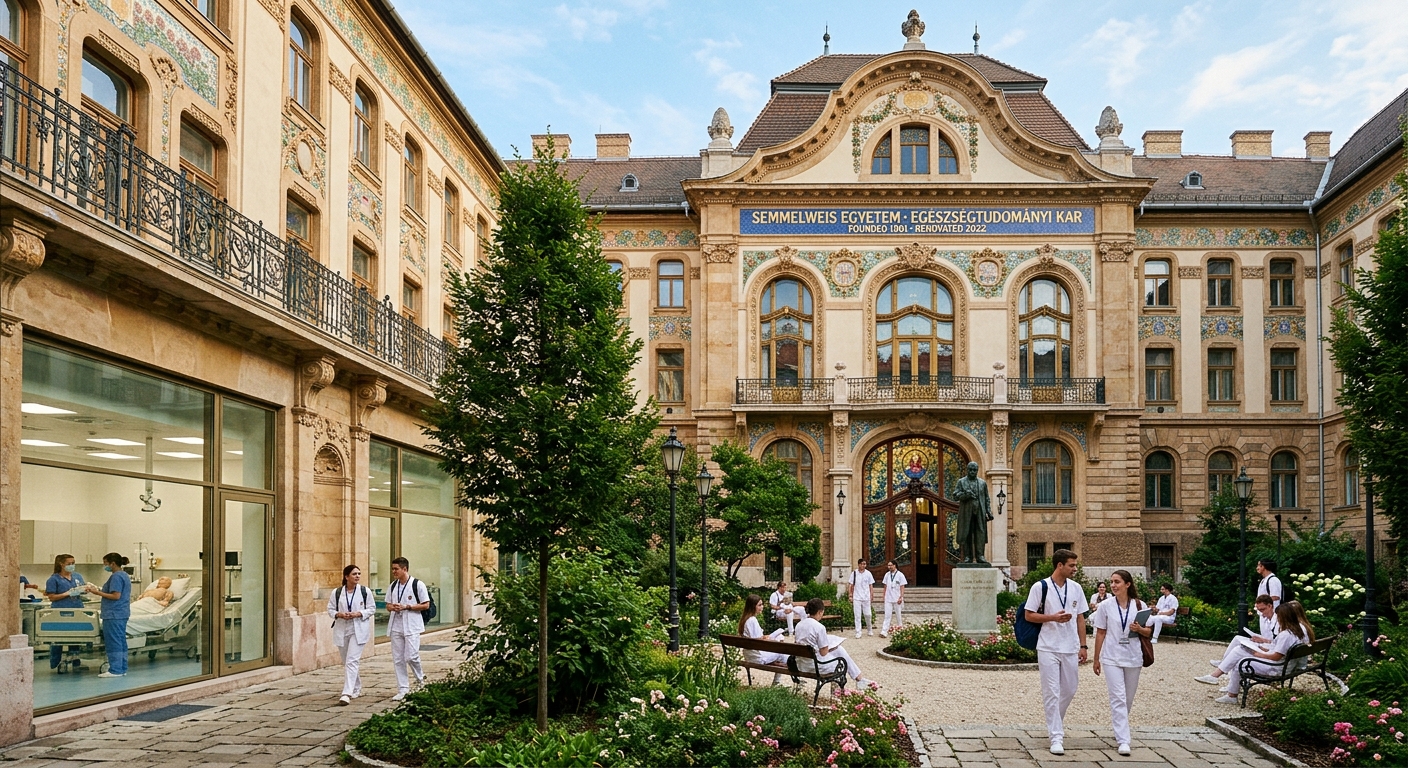 Semmelweis University Faculty of Health Sciences Art Nouveau building, beautifully renovated former sanatorium with ornate facade, clinical skills laboratories inside, garden courtyard with students