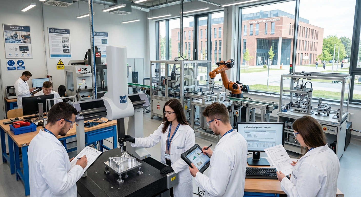 Modern industrial engineering laboratory at Częstochowa University of Technology with students analyzing production quality systems, automated machinery in background, Faculty of Management building exterior visible through large windows, bright academic atmosphere