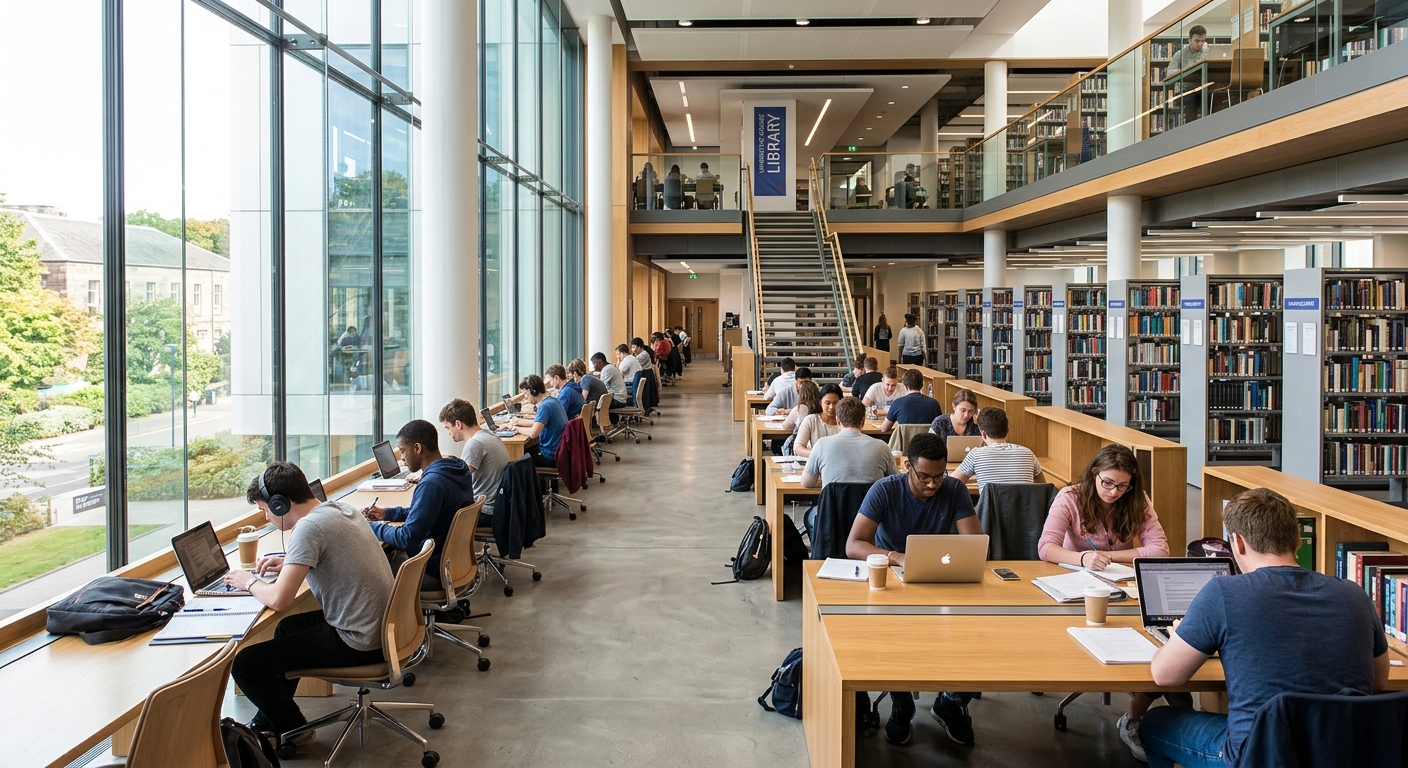 University of Dundee main library interior showing modern study spaces, natural lighting, rows of bookshelves, and students studying at desks