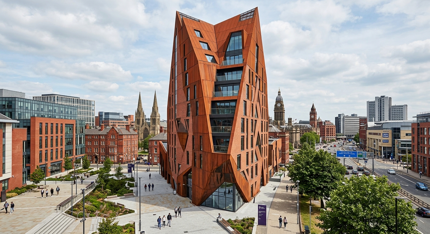 Broadcasting Place tower at Leeds Beckett University, tall modern red brick building with angular architecture, Leeds city centre background