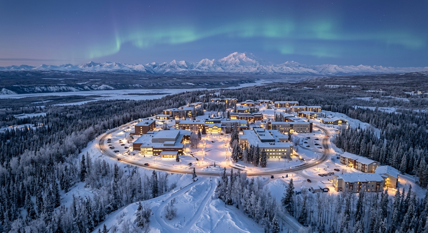 University of Alaska Fairbanks campus wide shot with snow-covered buildings on a hilltop, boreal forest surroundings, Alaska Range mountains in the distance, northern lights faintly visible in a twilight sky