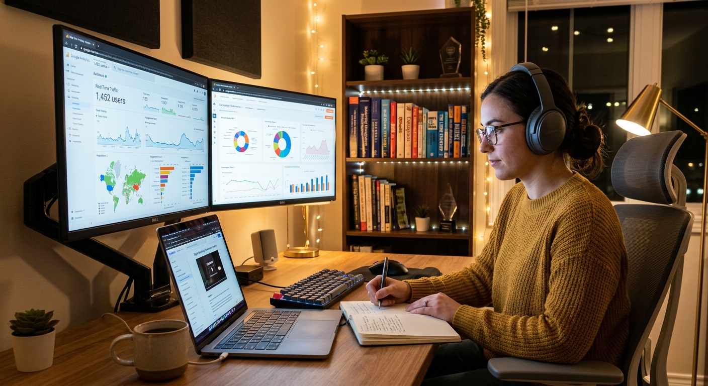Modern home office setup with dual monitors displaying digital marketing analytics dashboards, colorful data visualizations, a person studying online with headphones, warm ambient lighting, books on marketing strategy visible on a shelf