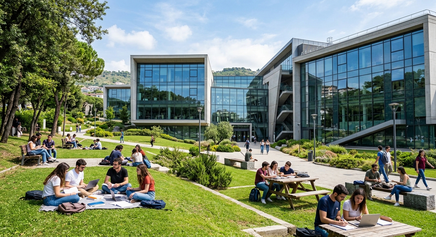 Modern university buildings at the Monte Sant'Angelo complex in Fuorigrotta, contemporary architecture with large glass windows, green landscaped areas, students studying outdoors