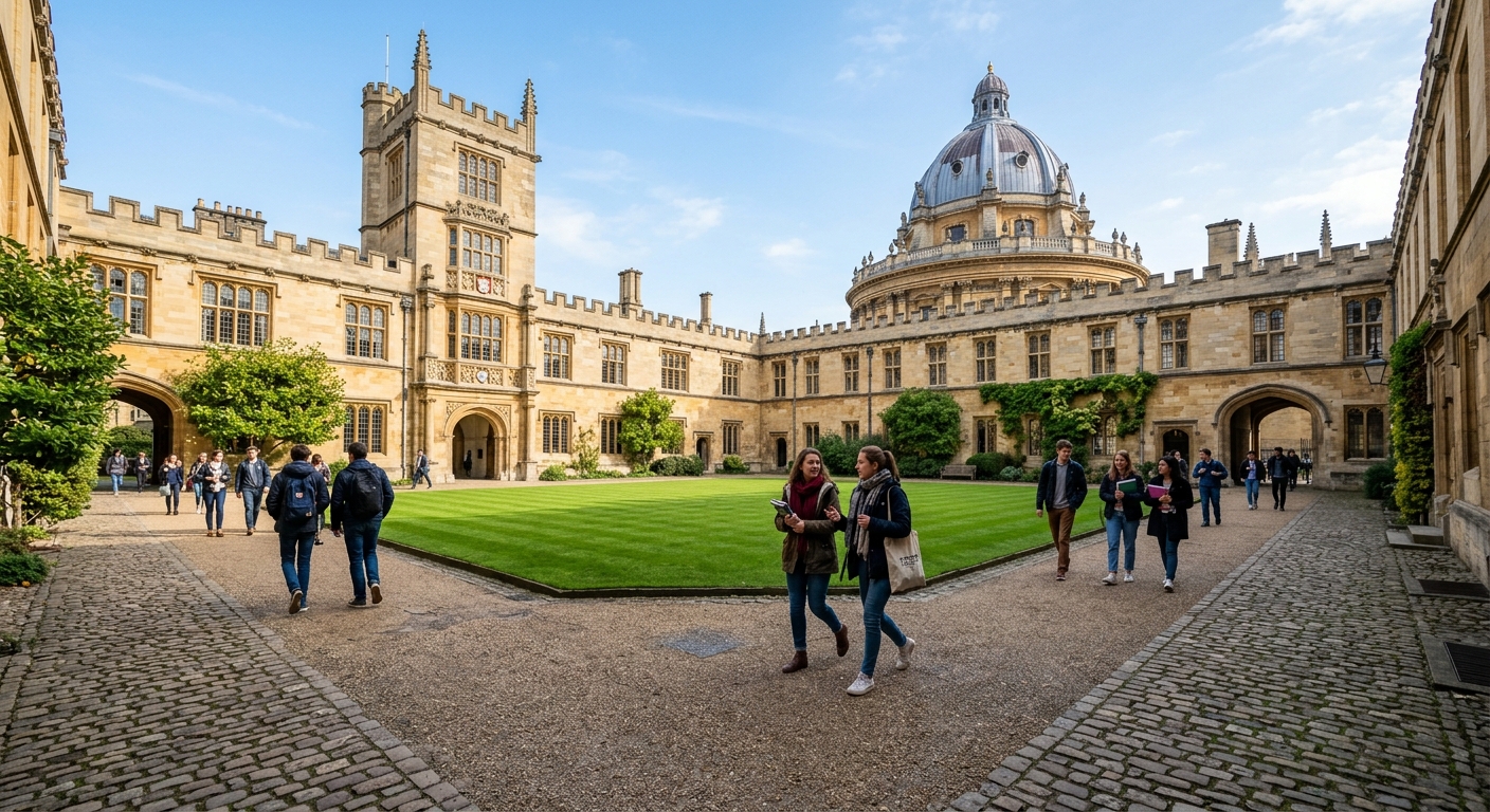 Historic University of Oxford campus with golden stone buildings, Radcliffe Camera dome in background, students walking through cobblestone quad, lush green lawn, clear blue sky