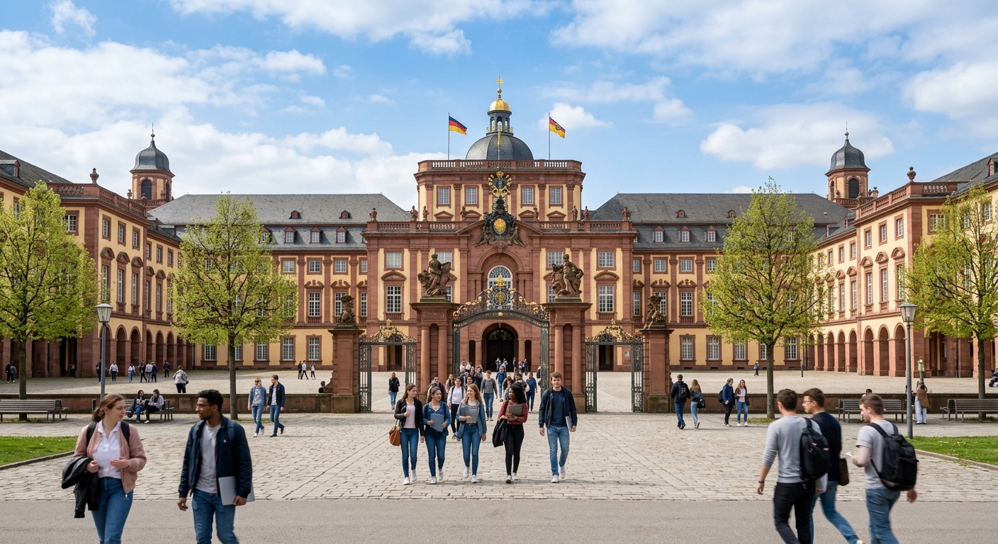 Baroque Mannheim Palace (Schloss) with its expansive courtyard, historic architecture with ornate facade, students walking through the grand entrance, blue sky with scattered clouds, University of Mannheim campus in Germany