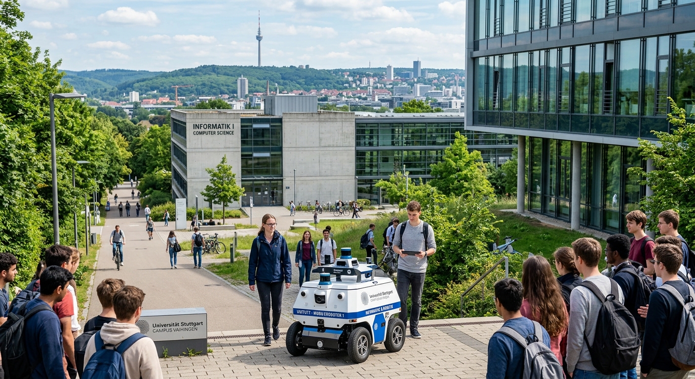 University of Stuttgart campus in Vaihingen with modern engineering and computer science buildings, autonomous robot demonstration in foreground, green surroundings and Stuttgart skyline in background