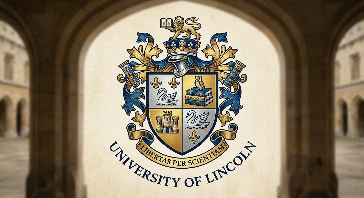 University of Lincoln official coat of arms logo featuring swans, fleur de lys, and textbooks on a shield with university name text