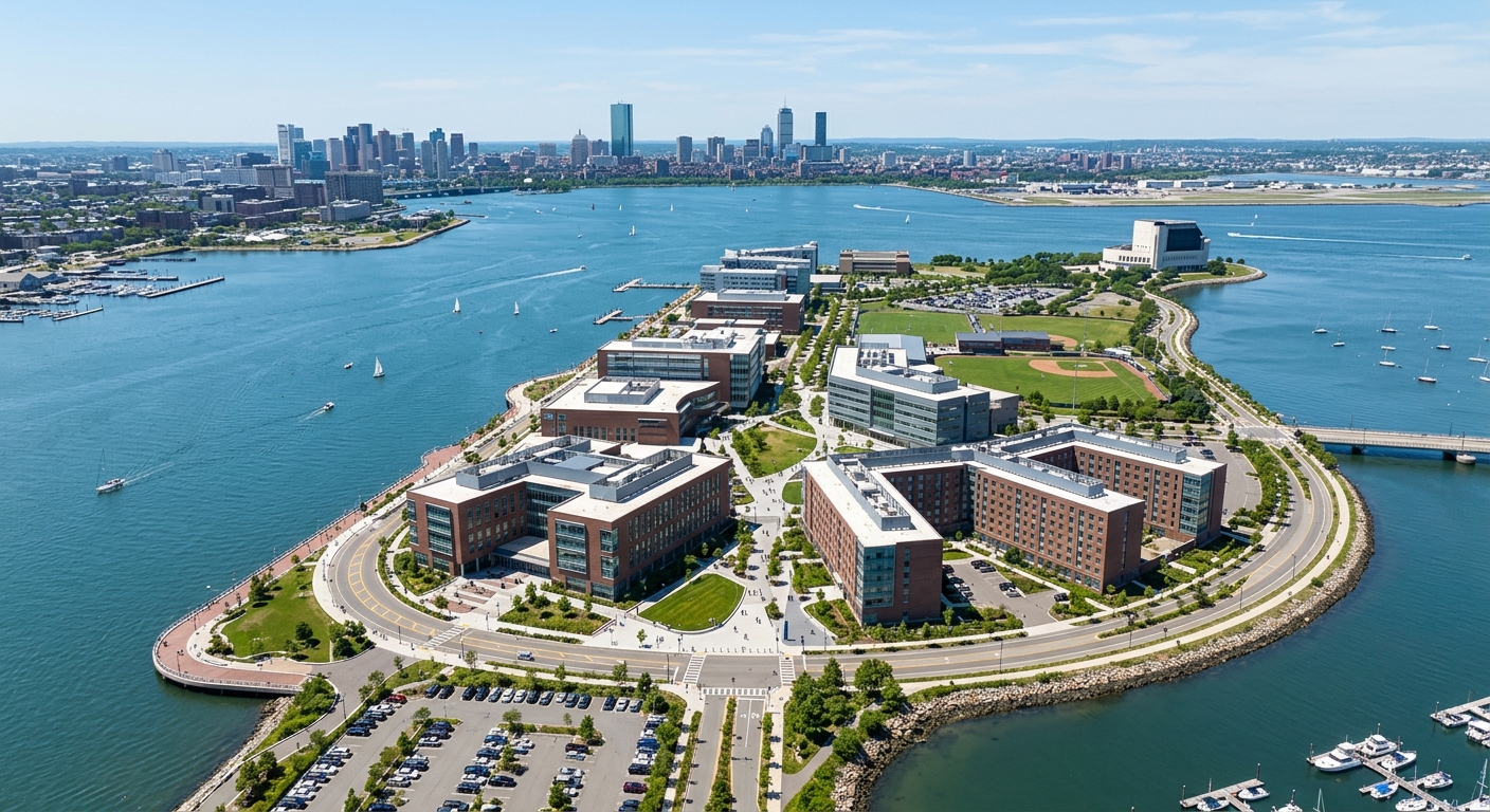 UMass Boston campus aerial view on Columbia Point peninsula, modern academic buildings along Boston Harbor waterfront, Dorchester Bay in background, clear blue sky