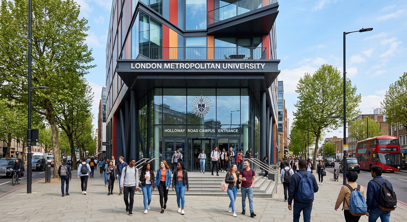 London Metropolitan University Holloway campus building exterior with modern architecture, students walking near the entrance, urban London setting with trees and clear sky