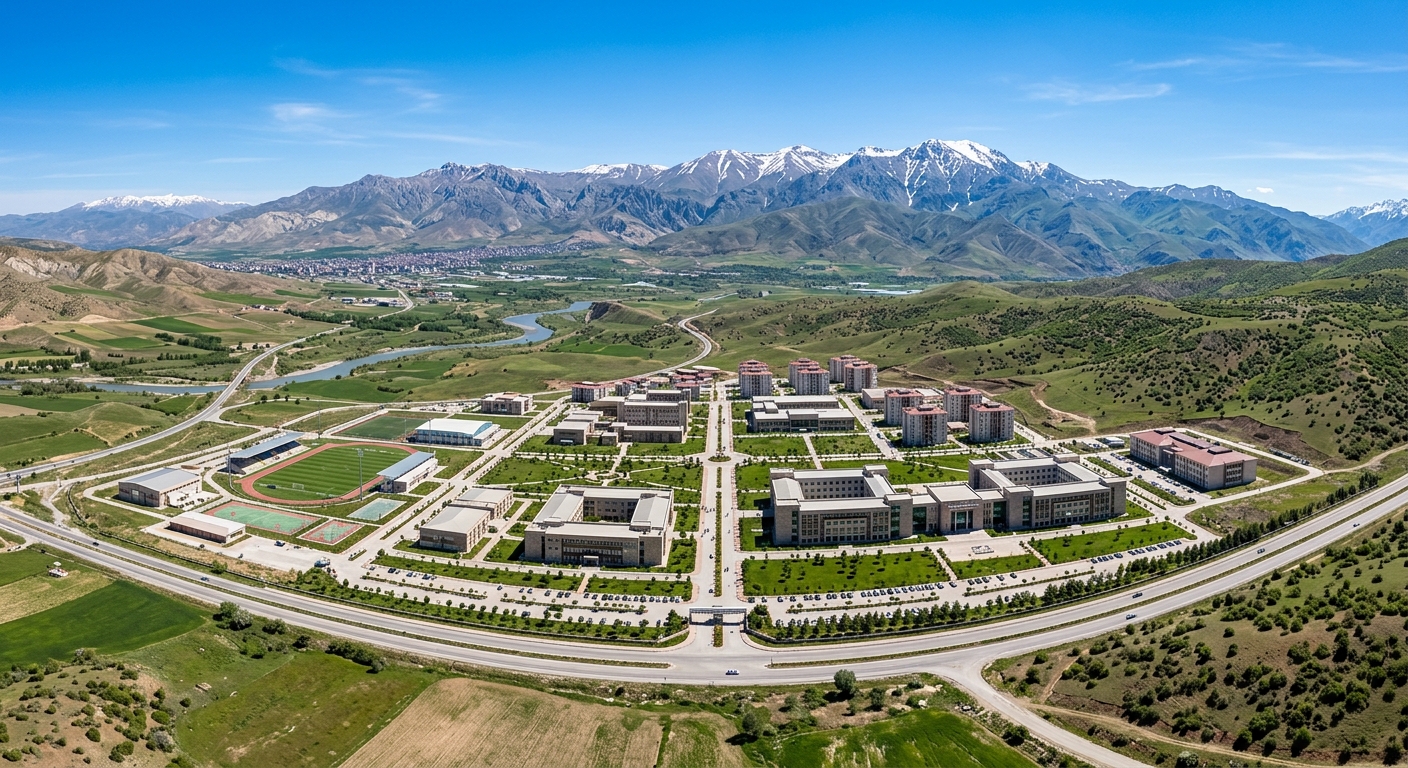 Erzincan Binali Yıldırım University Yalnızbağ Campus wide aerial view, modern academic buildings surrounded by green hills, Munzur Mountains in the background, clear blue sky over Eastern Anatolia landscape