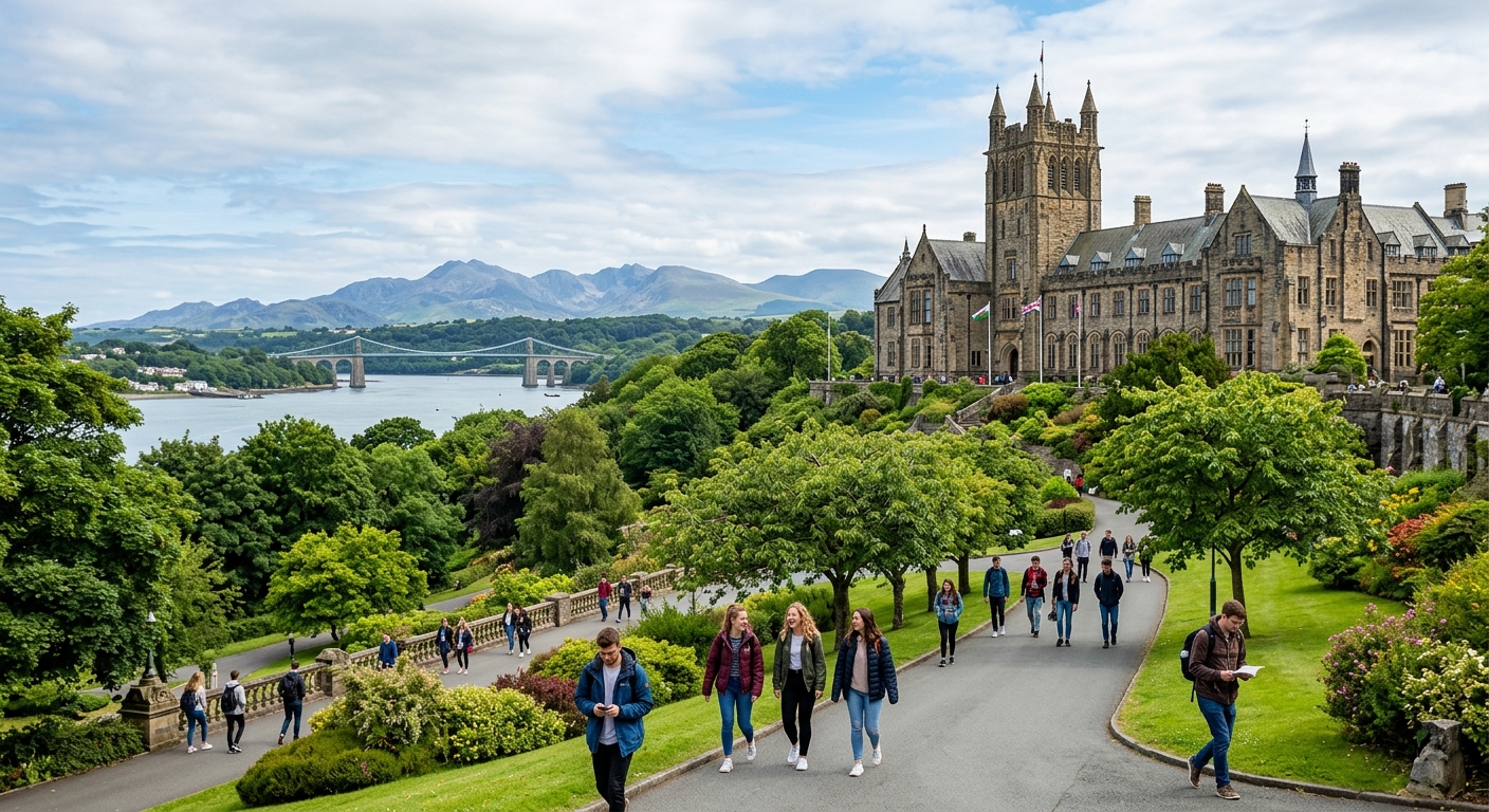 Historic Bangor University campus buildings with lush green grounds, set against the backdrop of Snowdonia mountains and the Menai Strait in North Wales, students walking along tree-lined paths