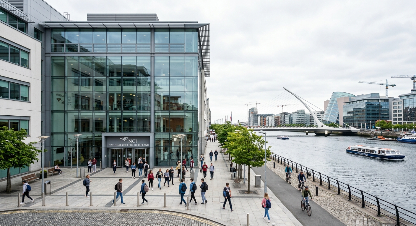 Modern National College of Ireland IFSC campus building in Dublin with glass facade, students walking near the entrance, River Liffey and Dublin docklands skyline in the background, bright overcast sky