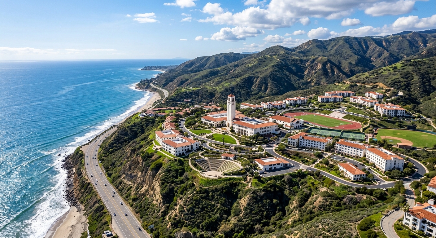 Pepperdine University Malibu campus aerial view, white Mediterranean-style buildings with red tile roofs nestled in the Santa Monica Mountains, overlooking the Pacific Ocean and Pacific Coast Highway, bright blue sky with scattered clouds