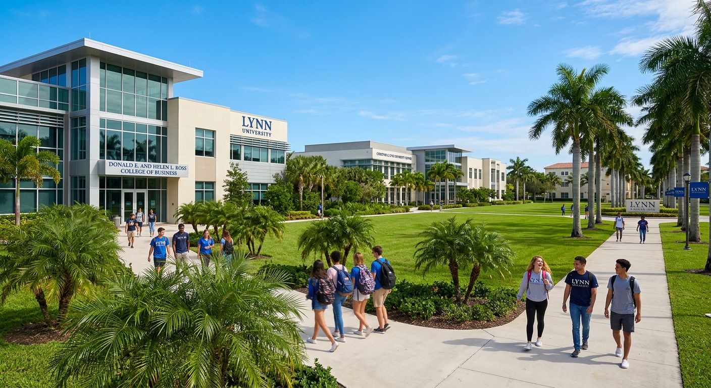 Lynn University campus in Boca Raton, Florida with palm trees, modern academic buildings, green lawns, and students walking along pathways under sunny blue skies